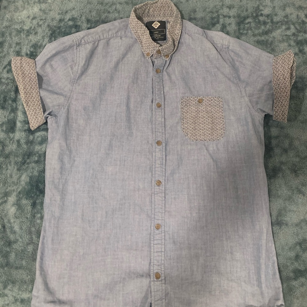 Light blue button down with print sleeves